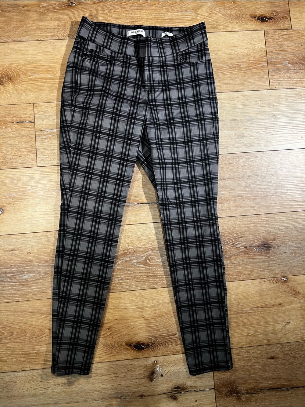 Nine West Black & Gray Plaid Slim Chinos